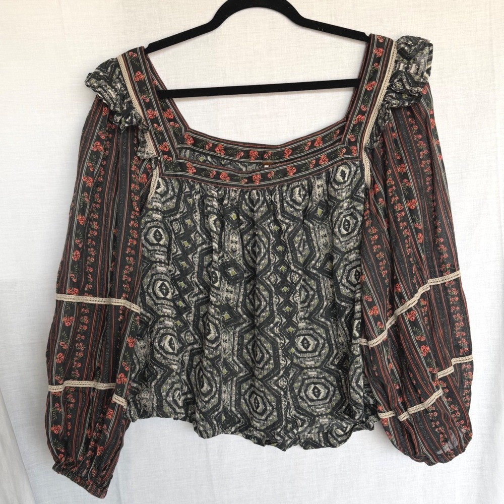 Free People Blouse Black Peasant Boho Ruffle Romantic Festival Mostly Meadow XL